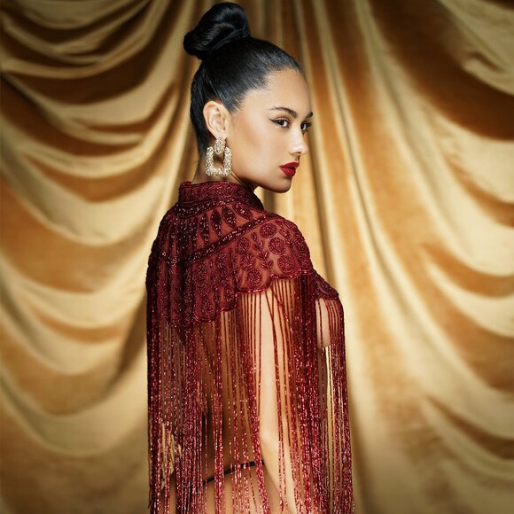 Red Fringe Cape, Rhinestone Beaded Shawl, Luxury Sequin Cape, Festival Outfit - Picture 7 of 13